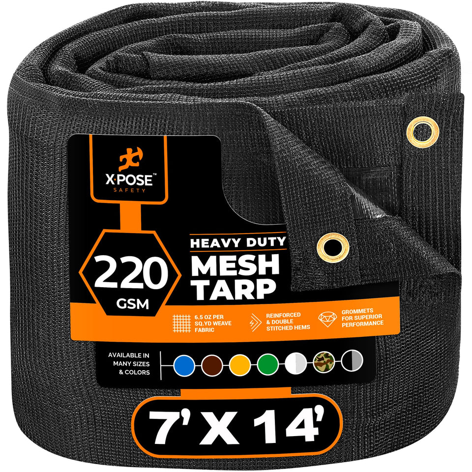 Xpose Safety heavy-duty mesh tarp 7x14 cover showing industrial strength and protection for loads