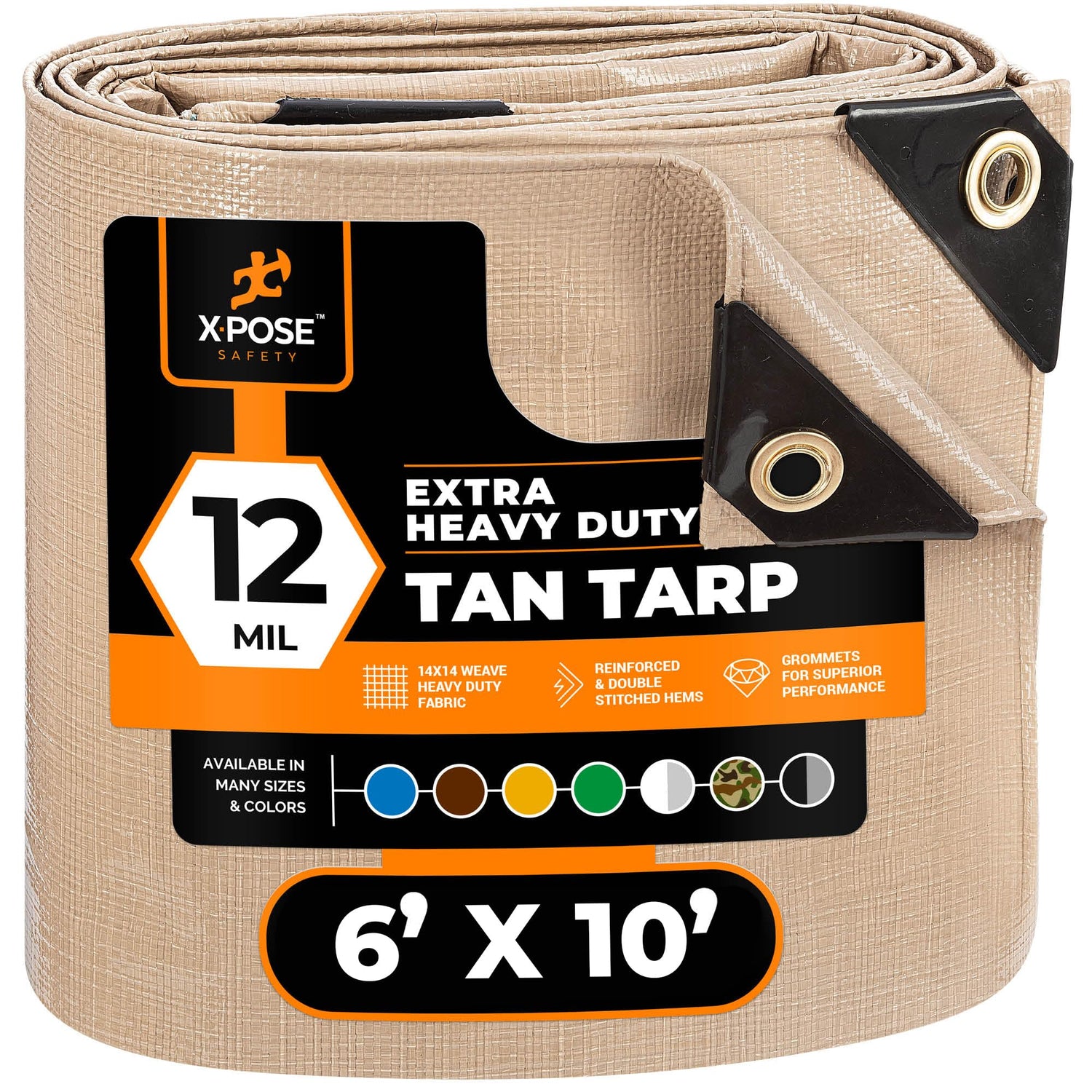 Xpose Safety heavy-duty tan tarp in full view protecting equipment and materials.