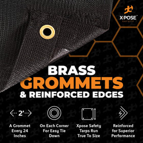Xpose Safety mesh tarp reinforced grommets every 2 feet for secure ties.