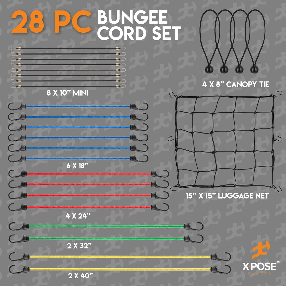 Xpose Safety multi-use bungees suit camping, hauling, and vehicle applications.