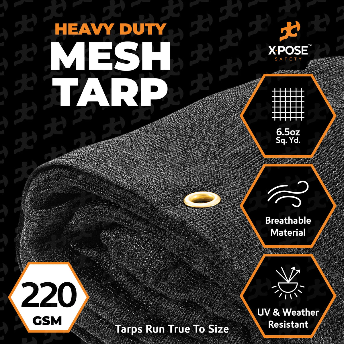 Xpose Safety reinforced corners on a sturdy mesh tarp for durability.