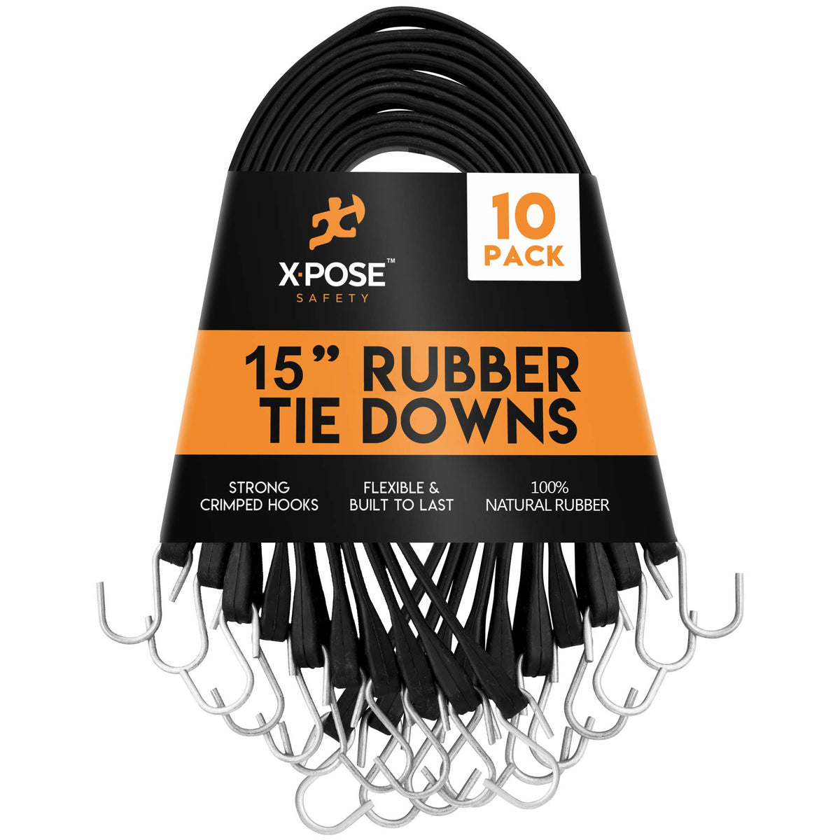 Xpose Safety rubber bungee cords in 15-inch length secure cargo with reliable hooks.