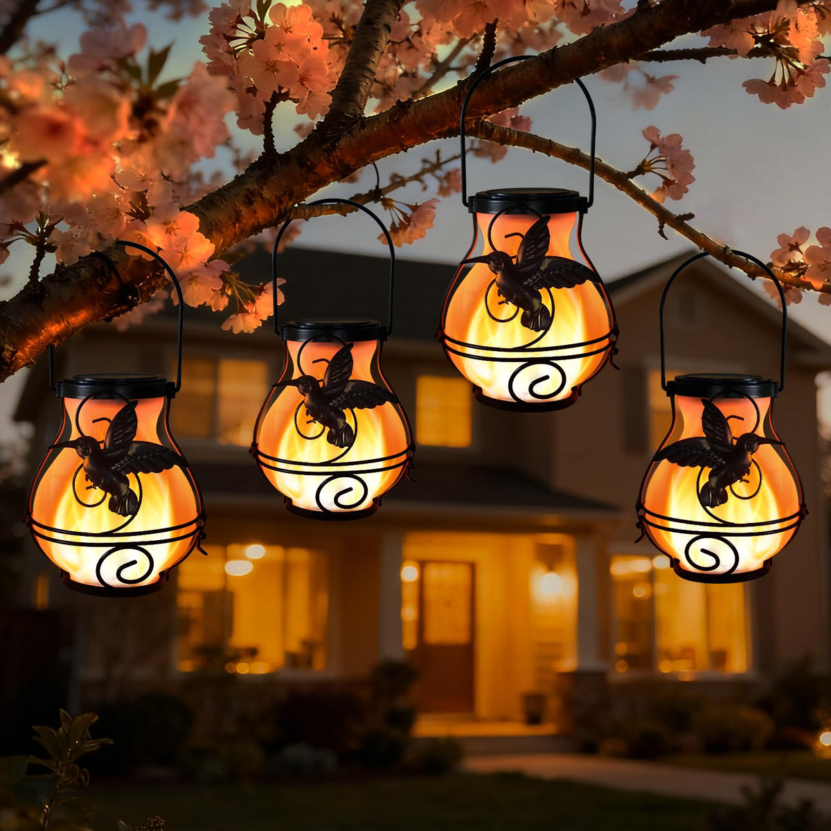 X-PREK solar lantern hummingbird front view with warm amber glow.