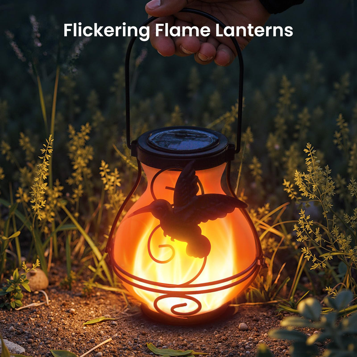 X-PREK solar lantern hummingbird side view highlights metal detailing.