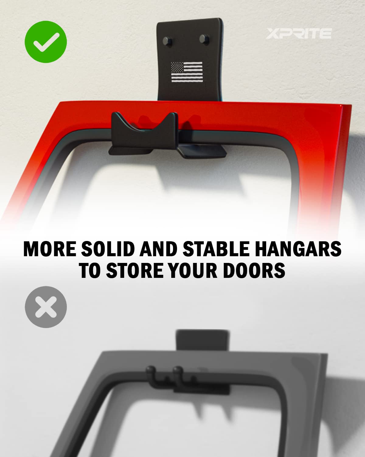 Xprite wall-mounted hanger kit for easy Jeep door organization.