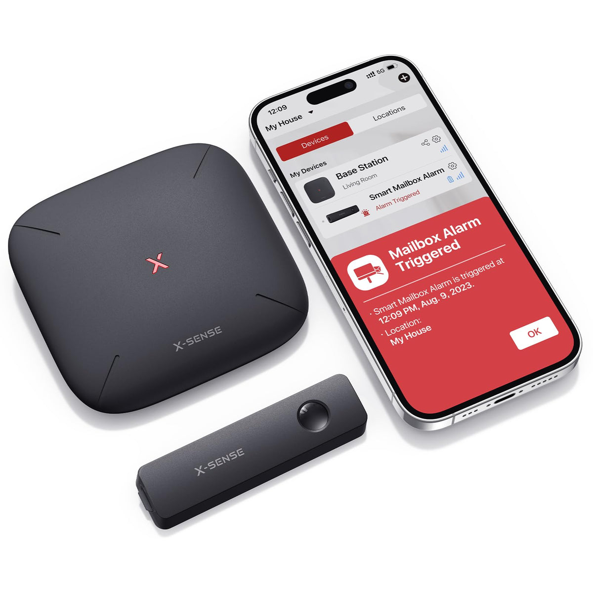 X-Sense Smart Mailbox Alarm front view, compact design for curbside installation.