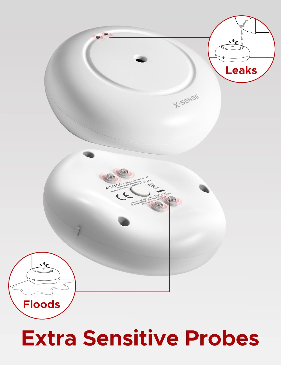 X-Sense SWS54 water leak sensor probes detect moisture early near appliances.