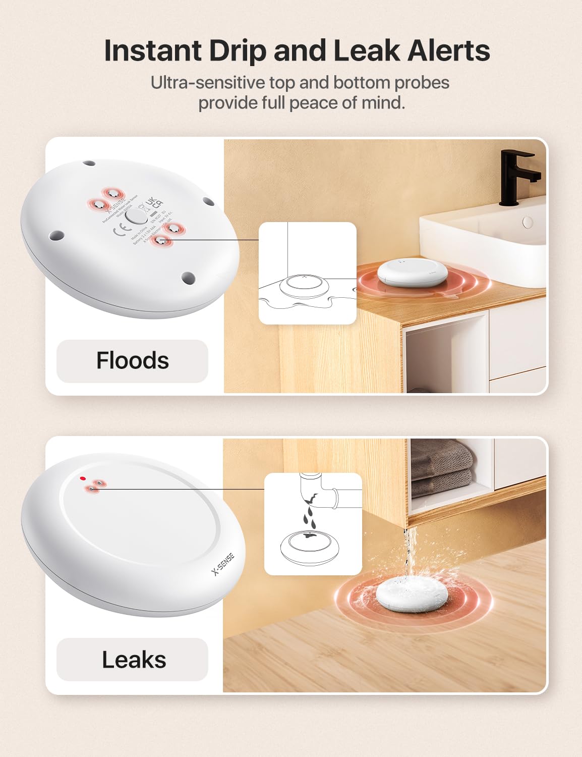 X-Sense bottom sensor detects tiny leaks and drips from below.