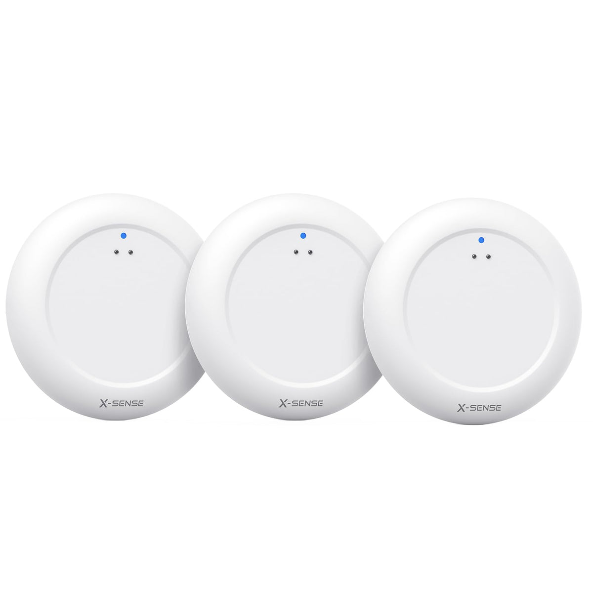 X-Sense Wi-Fi water leak detector front view shows a compact space-saving design.