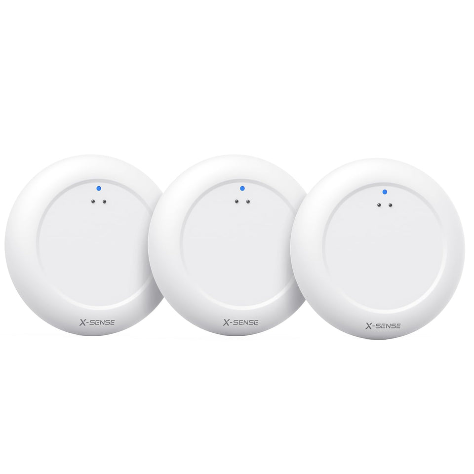 X-Sense Wi-Fi water leak detector front view shows a compact space-saving design.