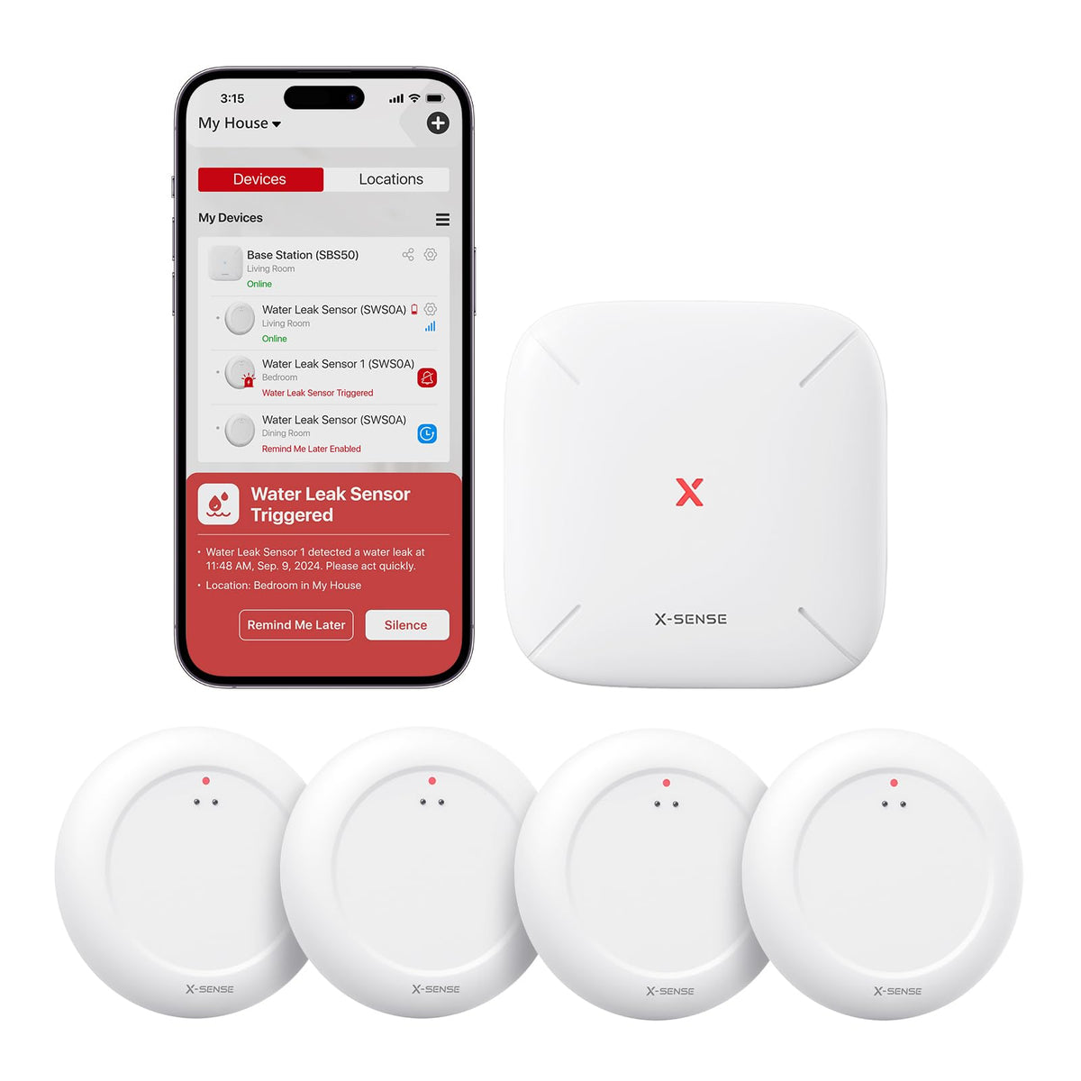 X-Sense base station connects via Wi‑Fi to send app alerts and trigger alarms.