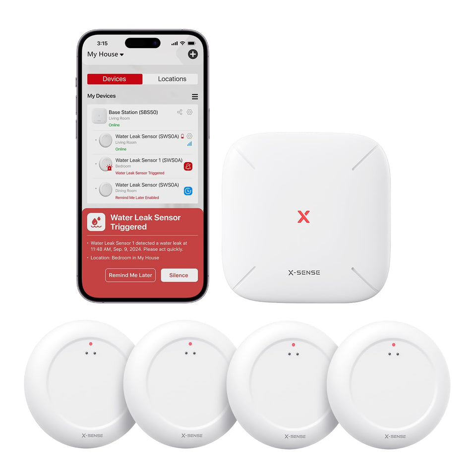 X-Sense base station connects via Wi‑Fi to send app alerts and trigger alarms.