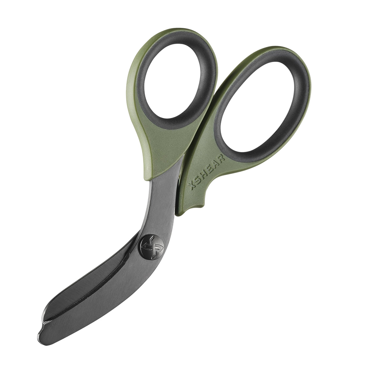 xShear trauma shears in olive drab with blunt tip for safer patient handling in emergencies.