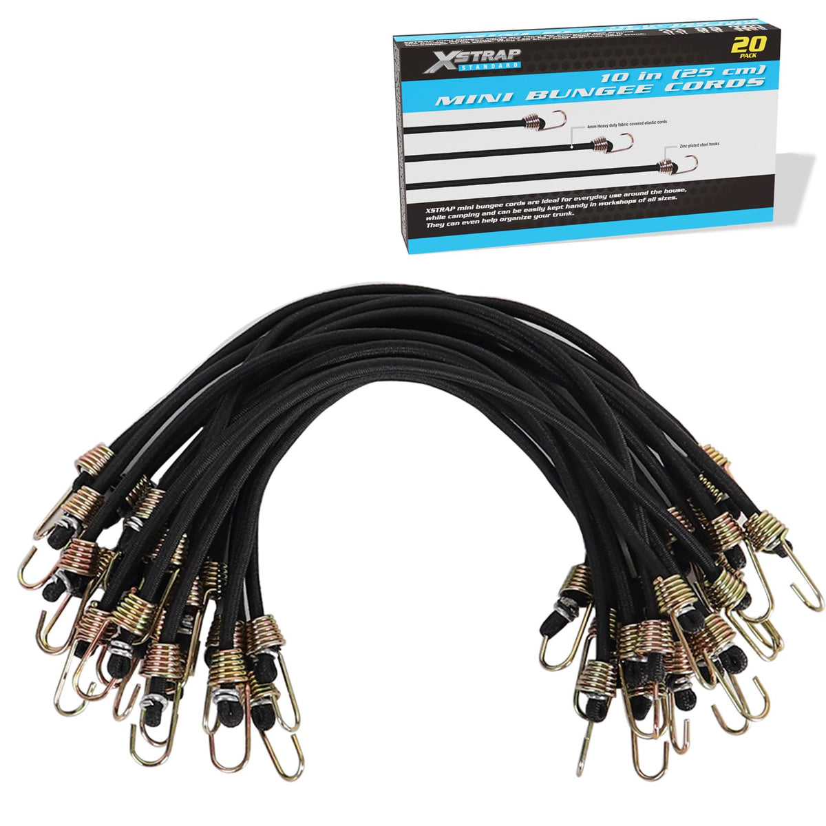 XSTRAP STANDARD mini bungee cords with steel hooks secure tarps and covers outdoors.