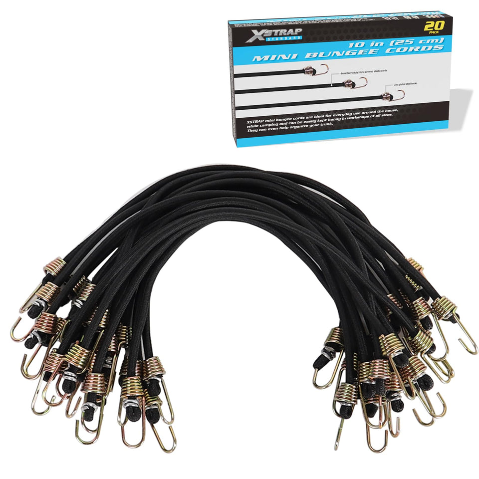 XSTRAP STANDARD mini bungee cords with steel hooks secure tarps and covers outdoors.