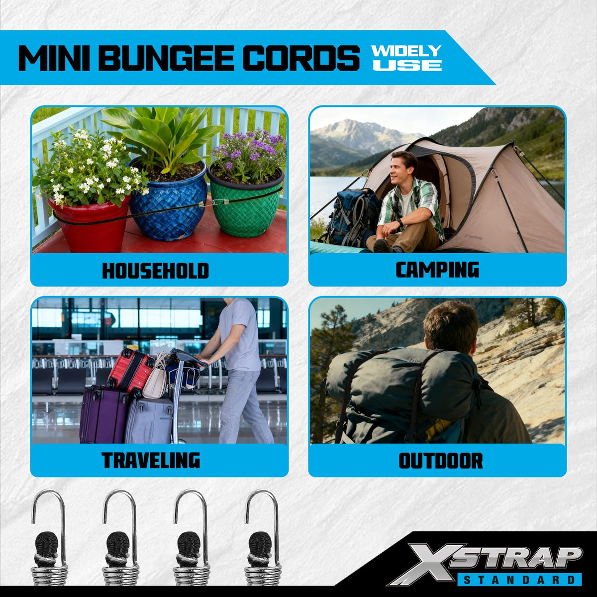 XSTRAP STANDARD 10-inch cords ideal for securing tarps on outdoor setups.