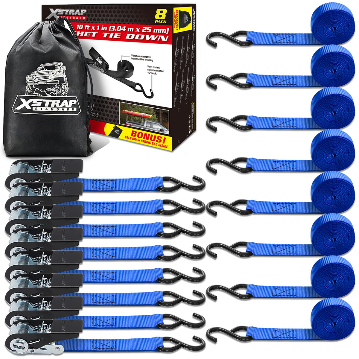 XSTRAP STANDARD blue ratchet tie down strap ready for secure 1in x 10ft loads.
