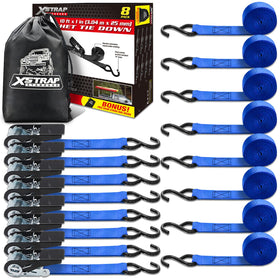 XSTRAP STANDARD blue ratchet tie down strap ready for secure 1in x 10ft loads.