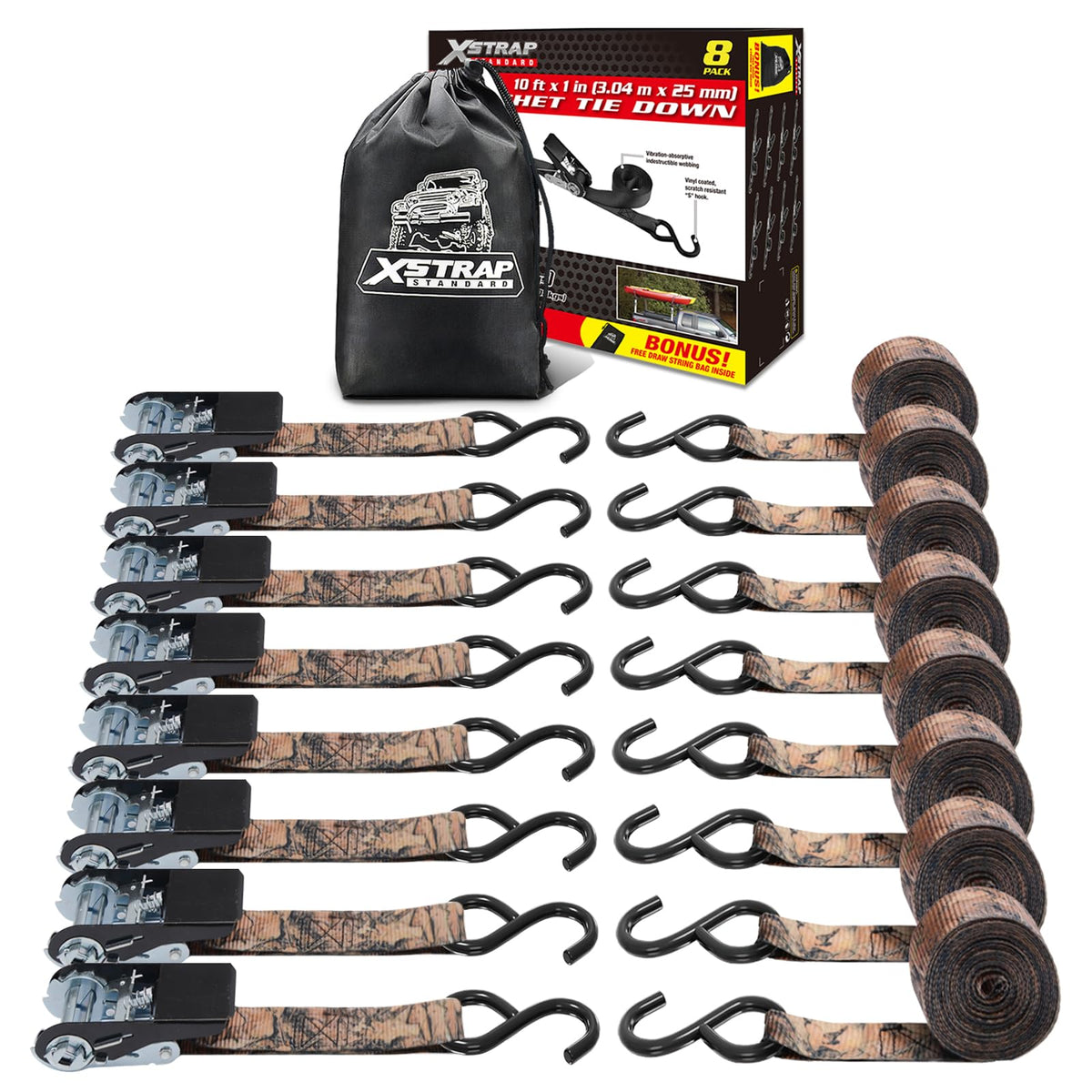 XSTRAP STANDARD camouflage ratchet strap 10ft secures cargo safely.