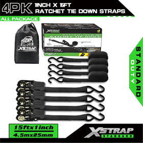 XSTRAP STANDARD four-pack used for securing lawn equipment securely.