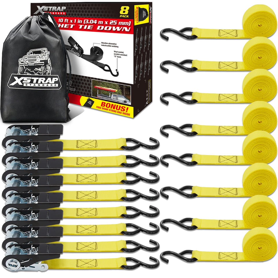 XSTRAP STANDARD ratchet tie down 8-pack with yellow straps for secure cargo in transit