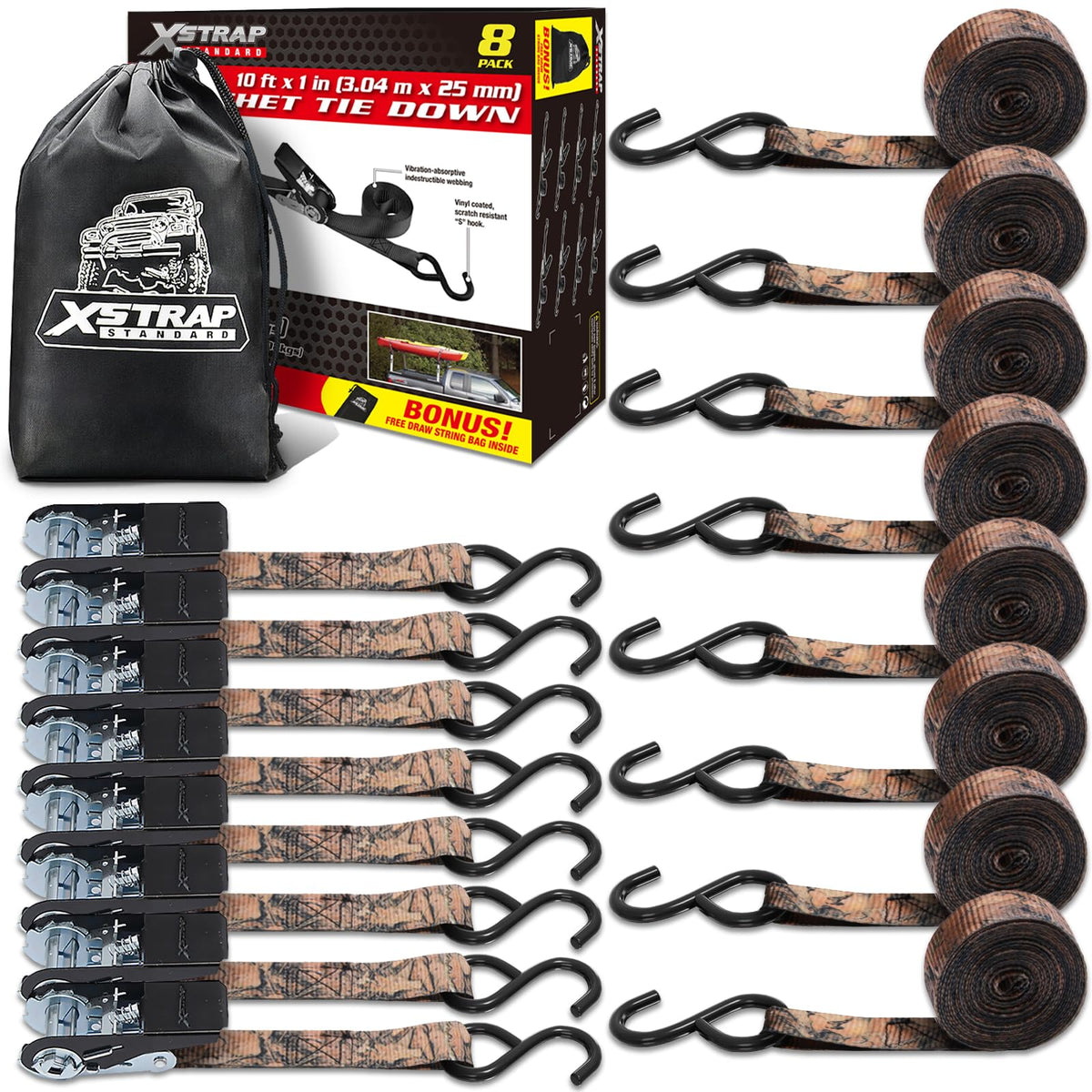 XSTRAP STANDARD camouflage2 ratchet tie down strap eight-pack for secure transport