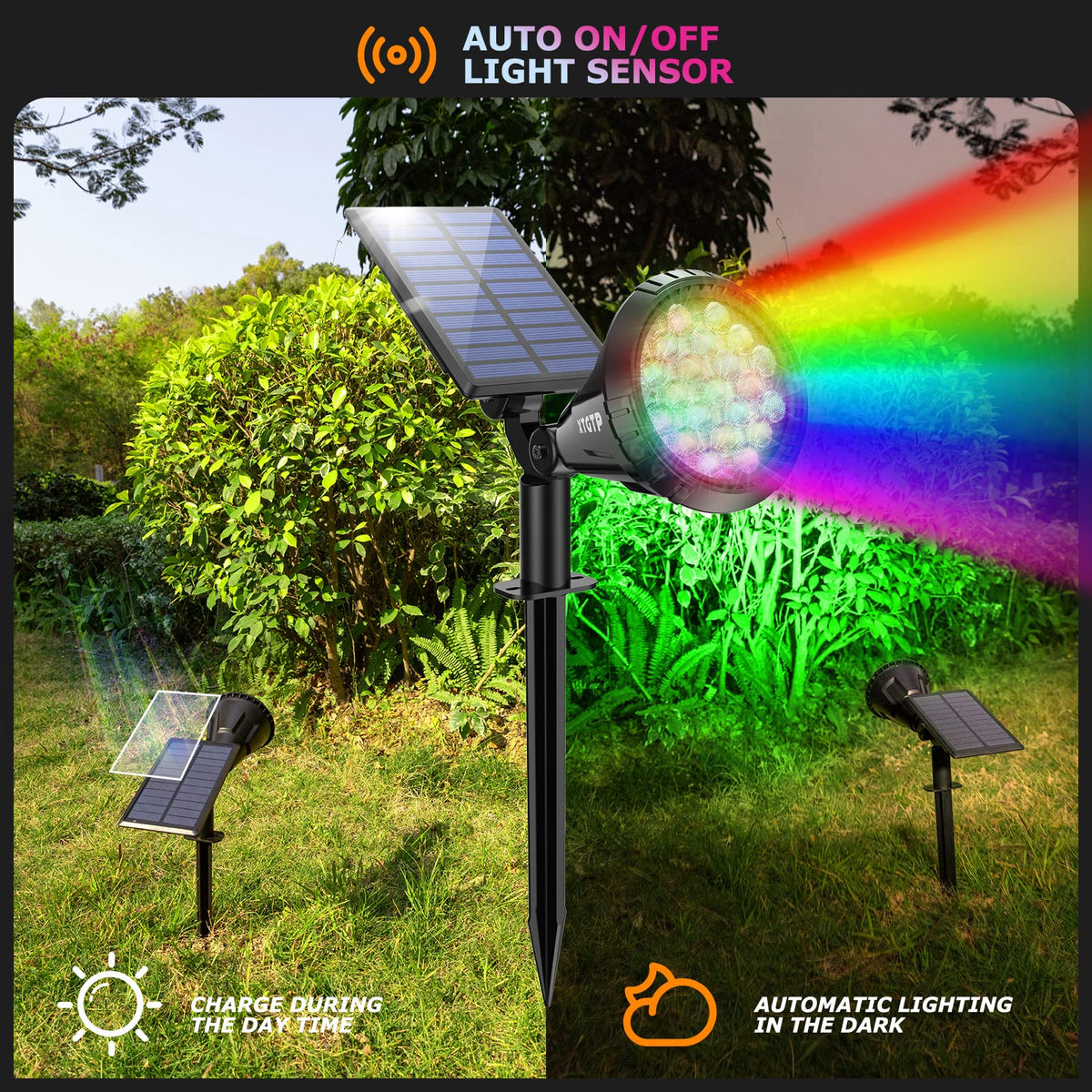 XTGTP Solar Color Spotlight stake installation enables quick garden setup
