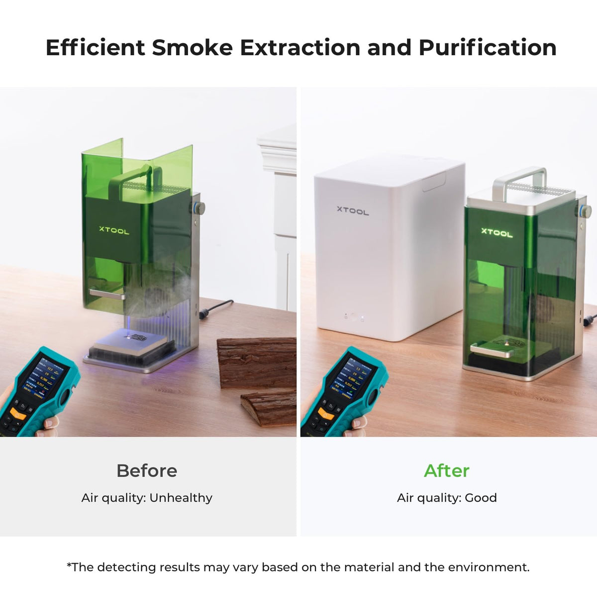 xTool F1 air purifier in use; fumes drawn away smoothly.