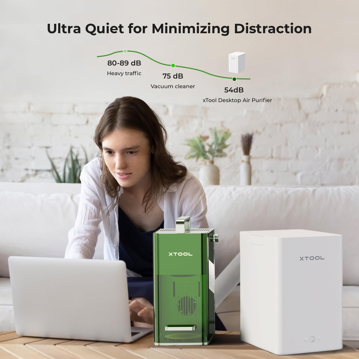 xTool F1 air purifier portable design; easy to move between spaces.