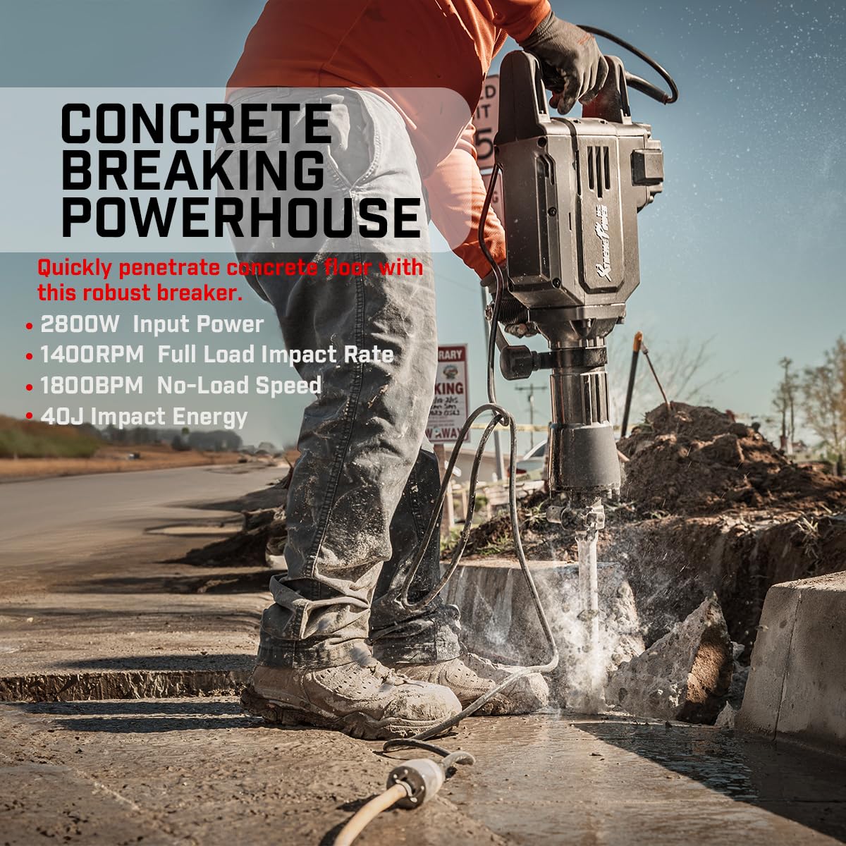 XtremepowerUS demolition hammer with 360-degree handle for versatile control on masonry work.