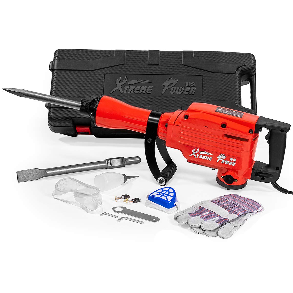 XtremepowerUS demolition hammer with 16-inch bull point chisel for heavy concrete work.