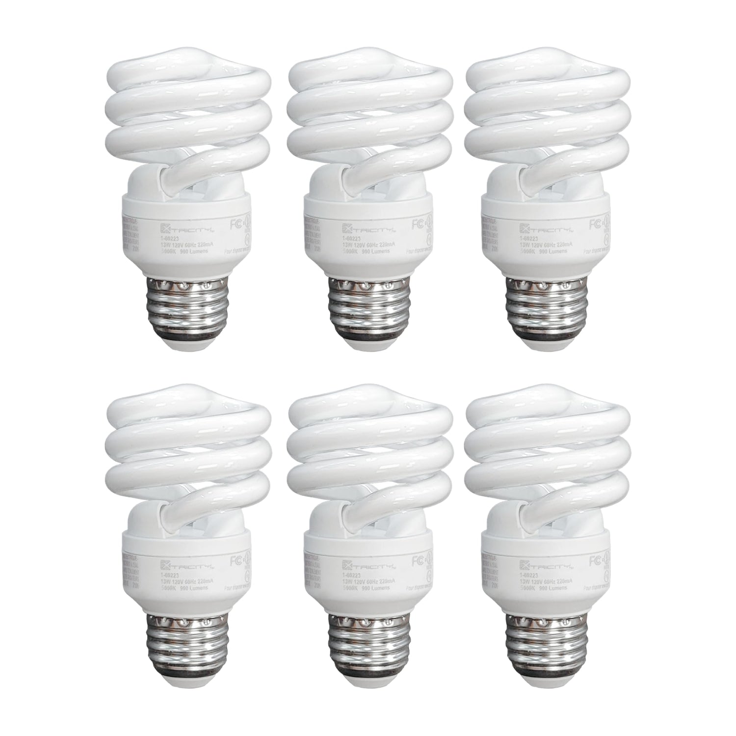 Xtricity T2 spiral bulb front view delivering warm 2700K glow for cozy spaces.