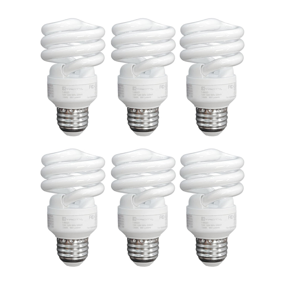 Xtricity T2 spiral bulb front view delivering warm 2700K glow for cozy spaces.