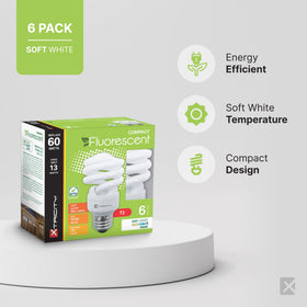 Xtricity six-pack box showing ready-to-use CFL bulbs.