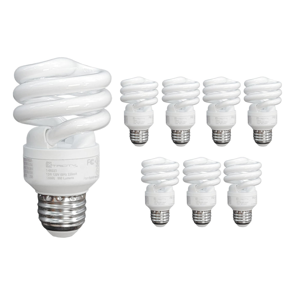 Xtricity T2 spiral CFL bulb in an eight-pack for easy room brightness.
