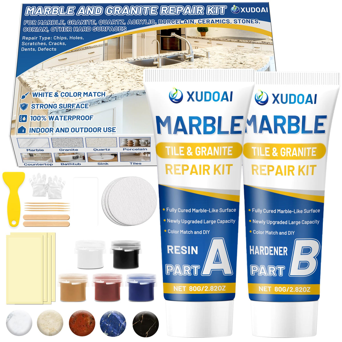 XUDOAI marble repair paste jar shows color-match options for seamless countertop repairs