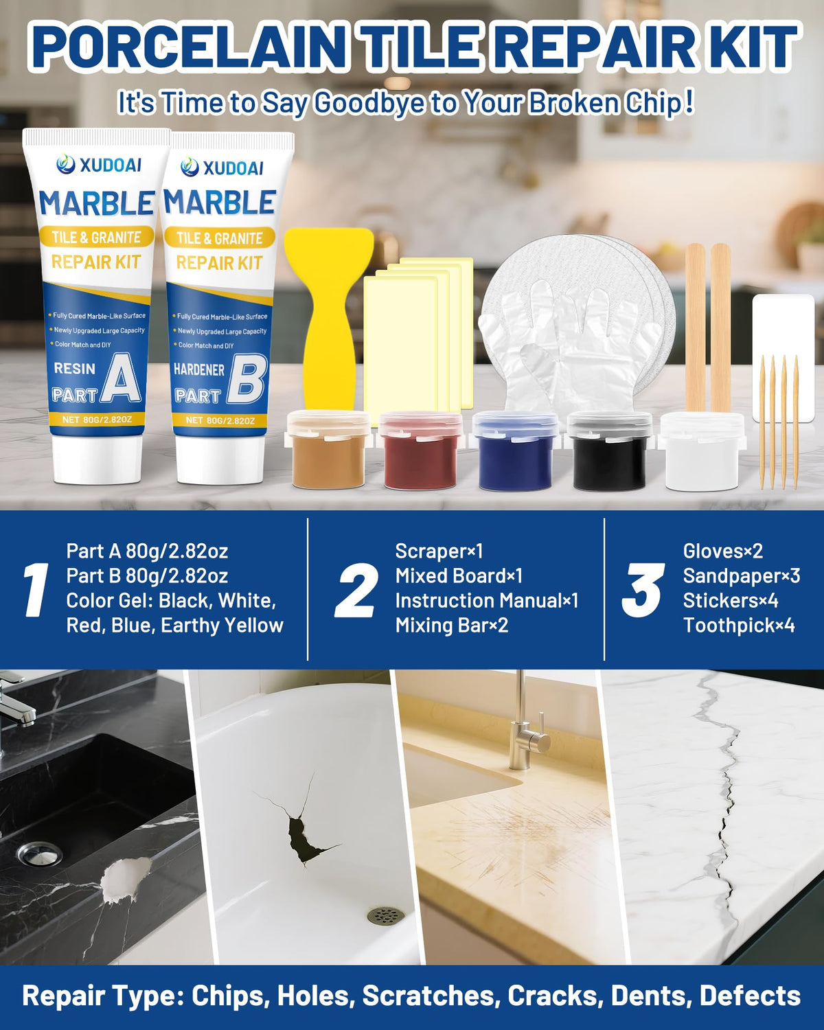 XUDOAI repair kit works on multiple surfaces including ceramic and fiberglass
