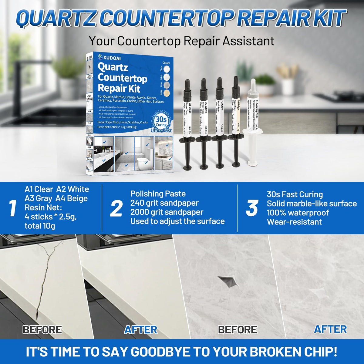 XUDOAI granite repair close-up reveals dense, hard, waterproof finish after cure