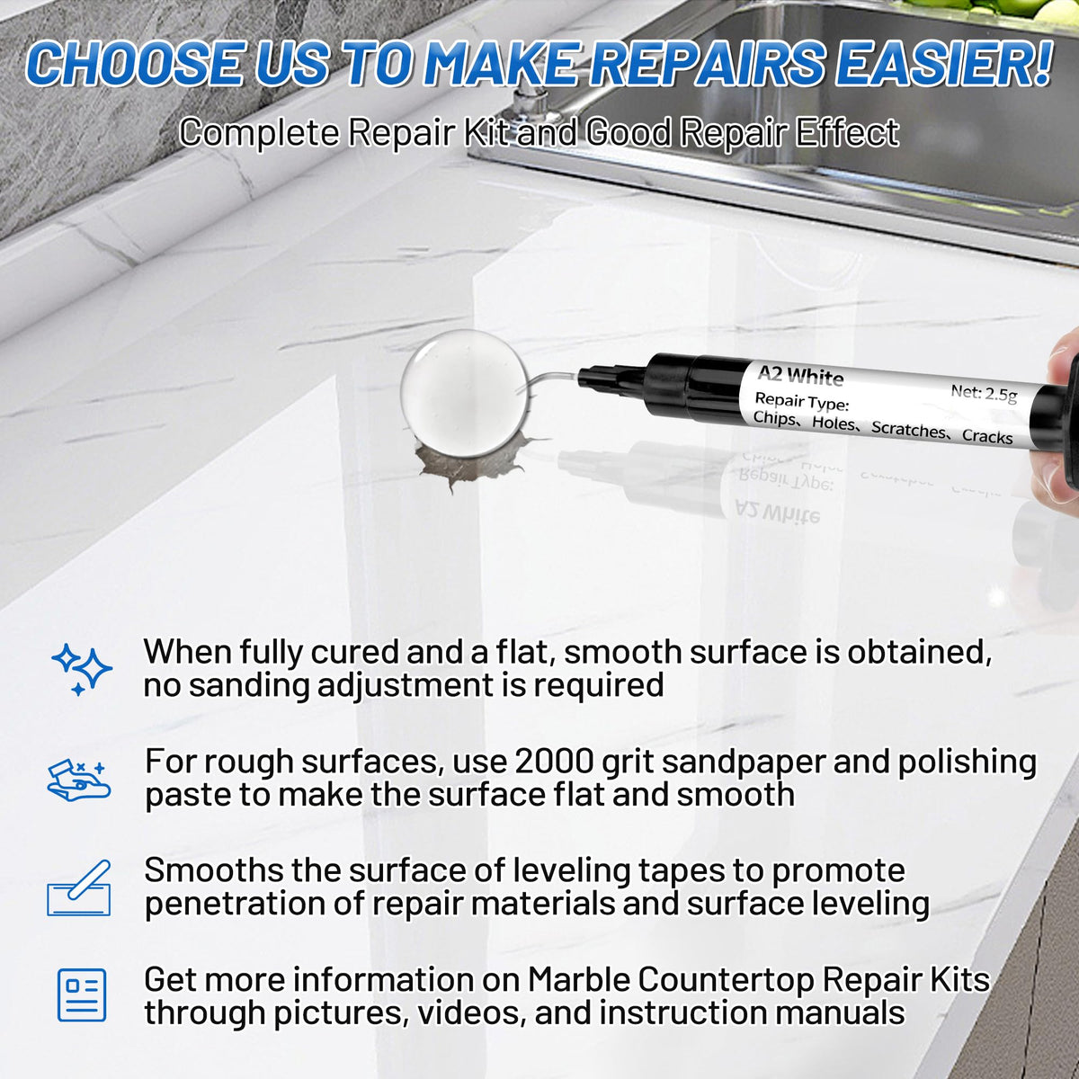 XUDOAI quartz repair kit surface after cure showing durable finish