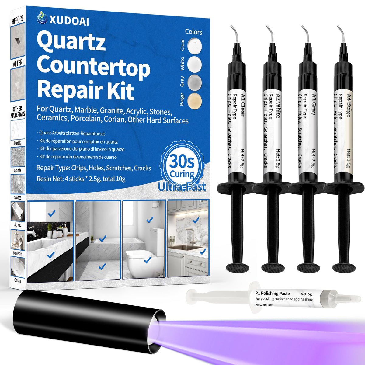 XUDOAI Quartz Countertop Repair Kit packaging showing color options for seamless repairs