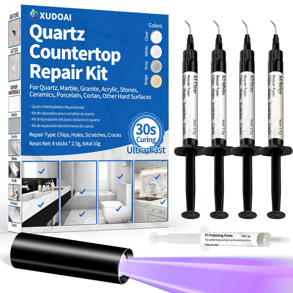 XUDOAI Quartz Countertop Repair Kit packaging showing color options for seamless repairs