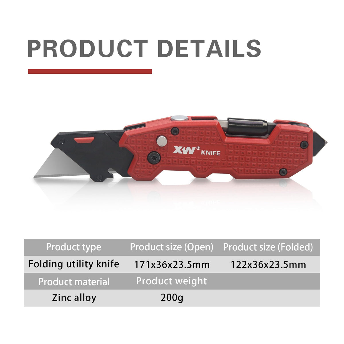XW folding knife blade-change feature with red release button.