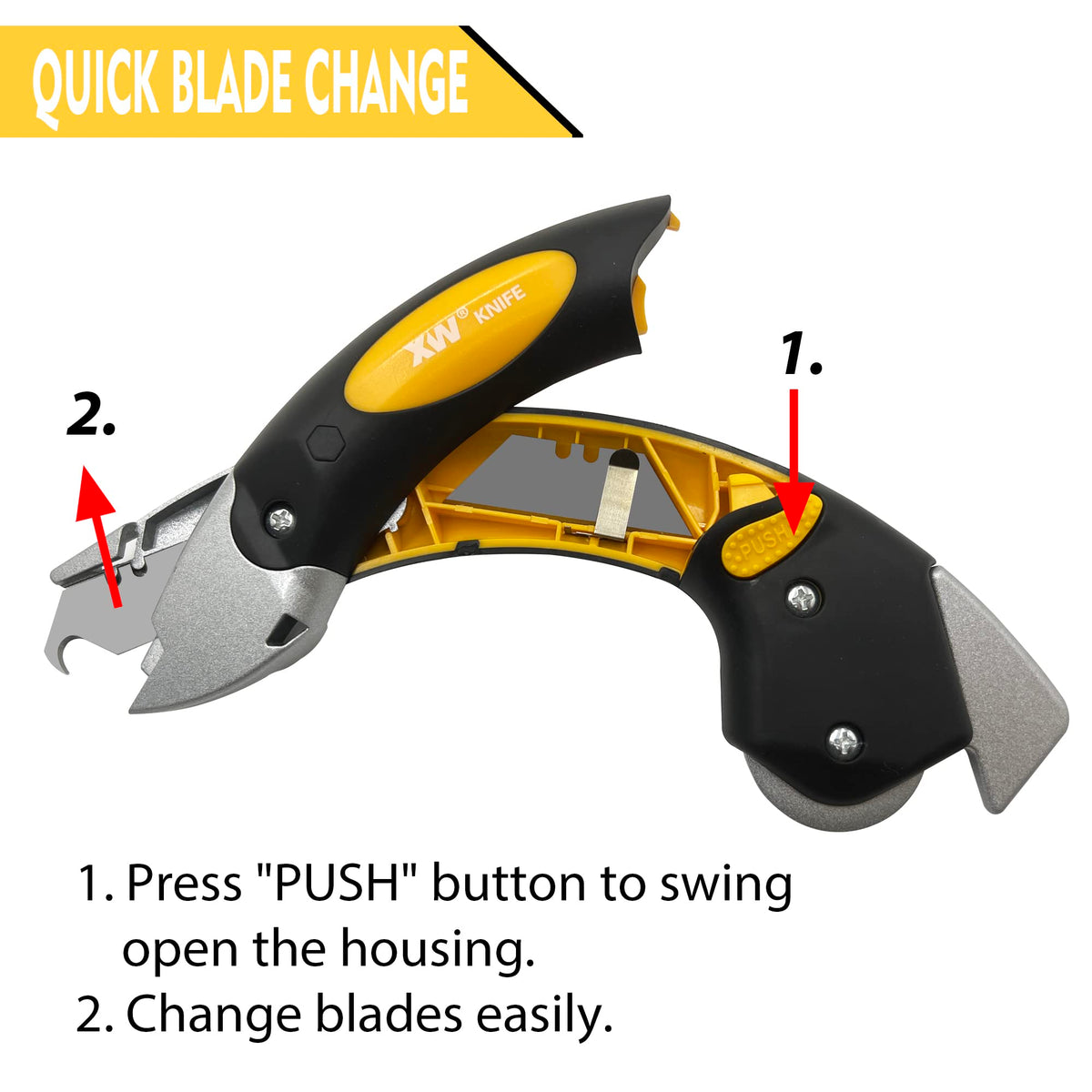 XW heavy duty carpet knife showing swing-open blade change design