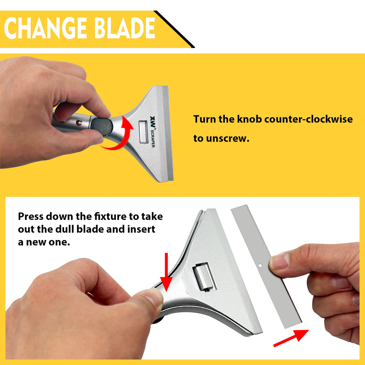 XW narrow blade scraper reaches tight corners