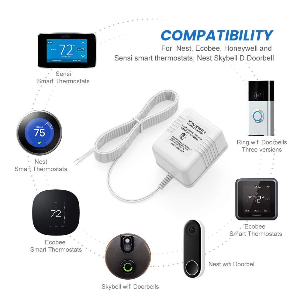 26ft power cable enables flexible thermostat or doorbell placement