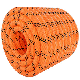 XXBEN braided arborist rope 3/8-inch orange close-up for high-visibility tree rigging.
