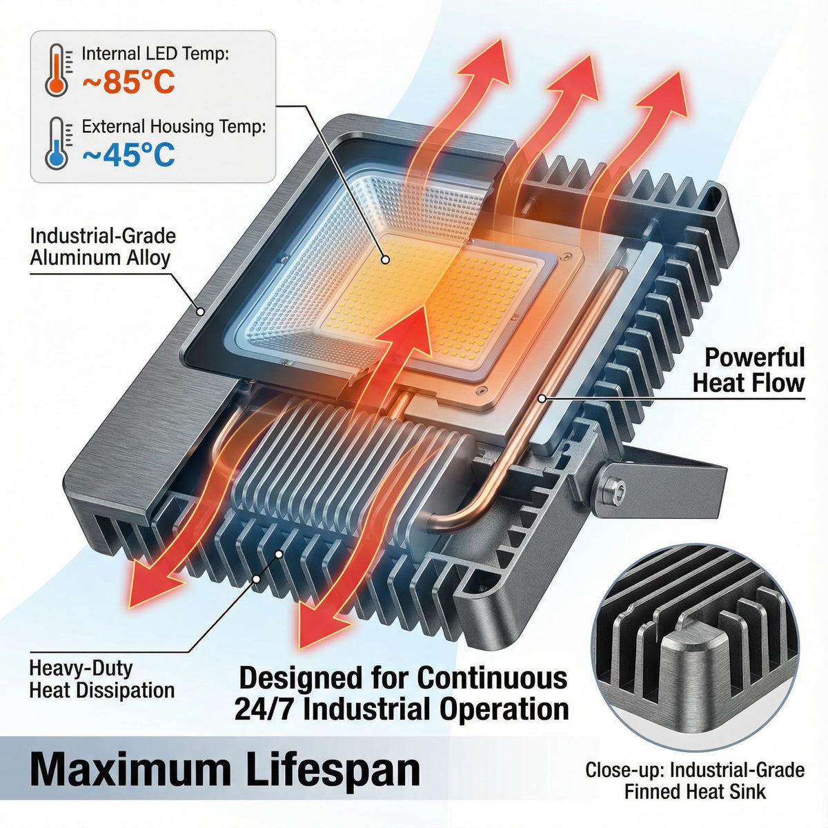 XXBSAZ 200W LED flood light heat sink close-up showing cooling fins.