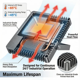 XXBSAZ 200W LED flood light heat sink close-up showing cooling fins.