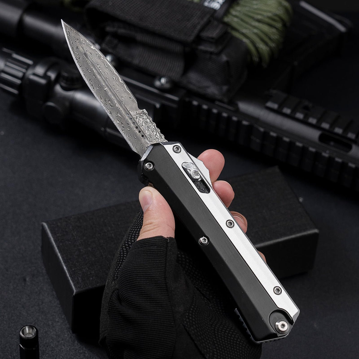 Distinctive Damascus steel texture highlights craftsmanship and durability.