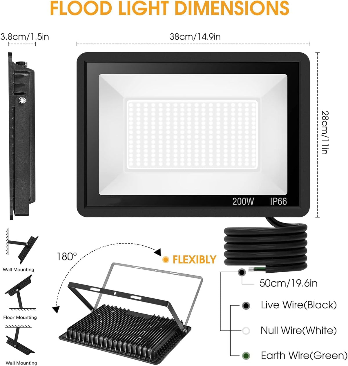 XYCN 200W flood light side bracket mounted for versatile angle adjustment